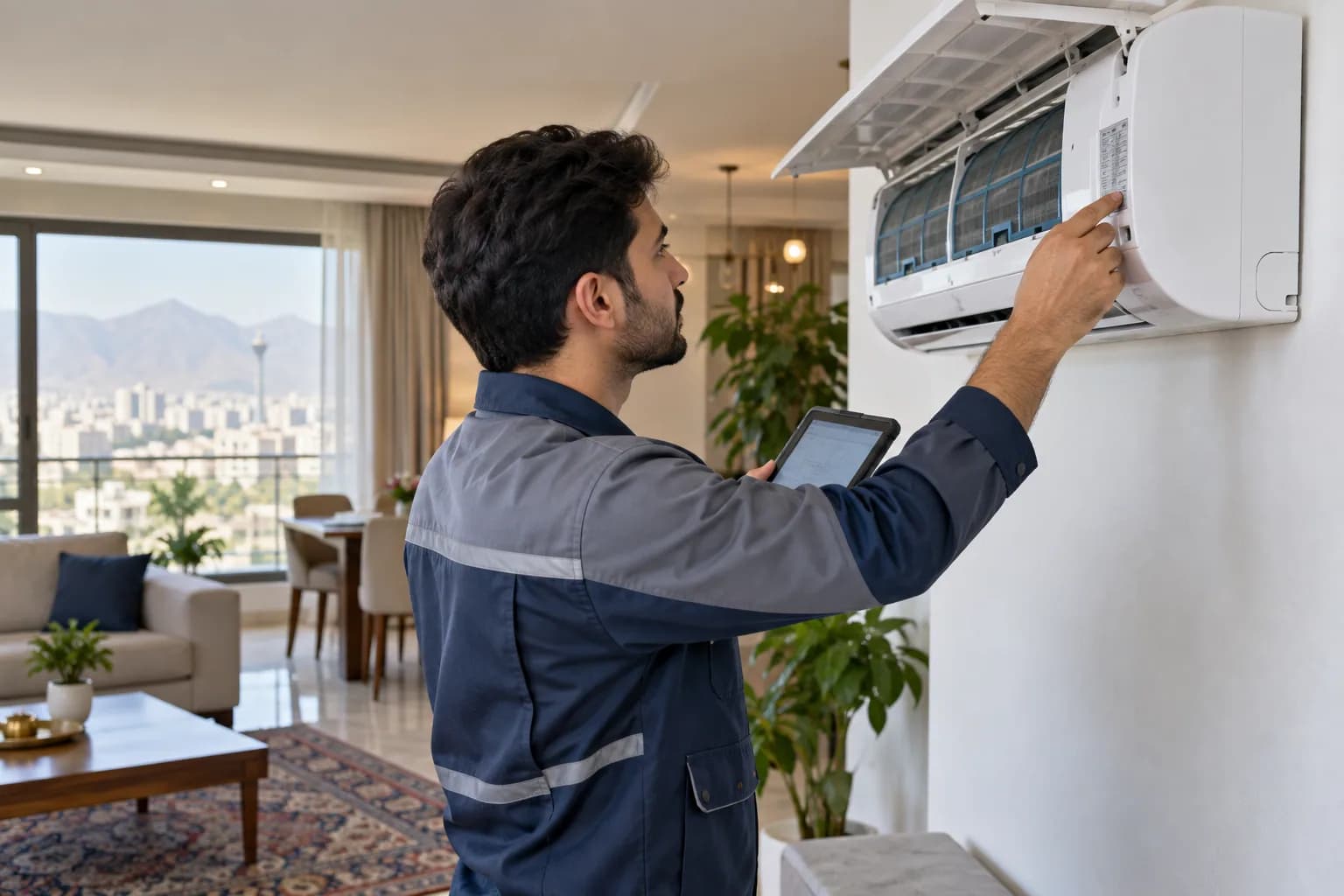 تکنسین در حال بررسی کولر گازی Midea
